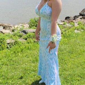 Elegant Blue and White Prom Dress